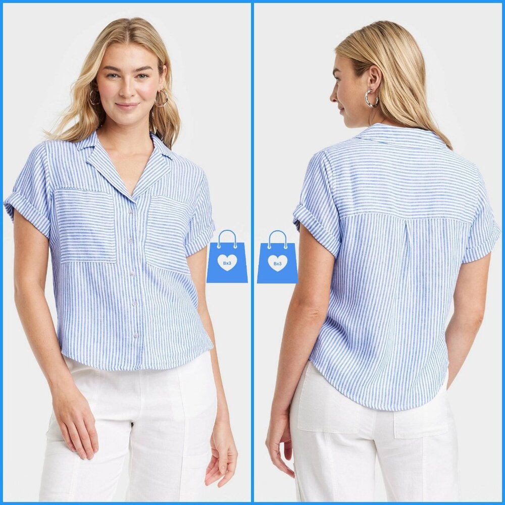Medium - Womens Short Sleeve Collared Button-Down Shirt - Blue Striped